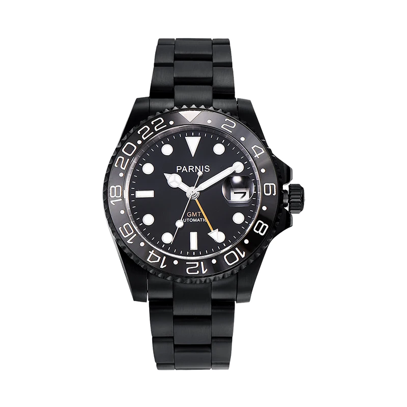 Модные мужские механические часы Parnis 40 мм с стерильным черным циферблатом с сапфировым кристаллом, мужские часы с календарем