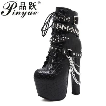

Zip Metal Chains Rivet Motorcycle Boots Women Shoes Super High Heels Platform Ankle Boots Punk Rock Gothic Biker Boots