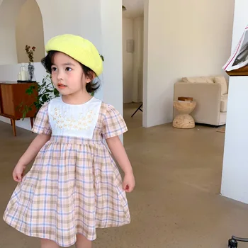 

Lattice Embroidered Short Sleeve Dresses for Girls Summer New Girls Korean Plaid Dress Colorblock Chidlren Aline Dress Toddler
