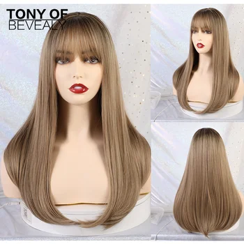 

Long Straight Brown Wigs With Bangs Natural Synthetic Wigs for Women African American Cosplay Wigs Heat Resistant Fiber