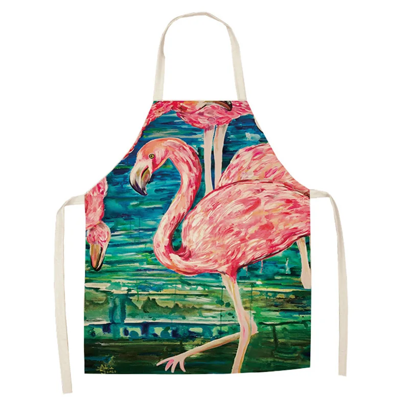 Women Kitchen Apron Cotton Linen Cute Flamingo Sleeveless Chef Cooking Aprons Kitchen accessories 68*55cm 0086