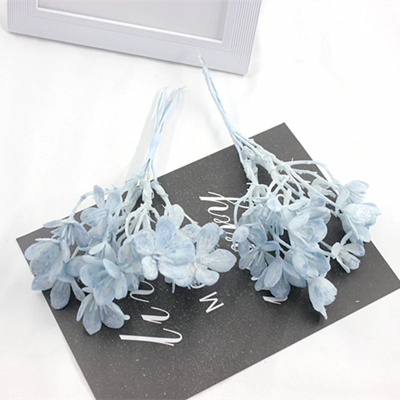 6pcs artificial flower fake plant meat flocking hoarfrost green leaf handmade diy wreath Christmas decoration flower - Цвет: Light blue