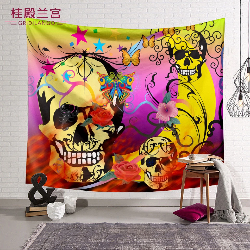 GRIDILANGO Customize Colorful Painted Skull Tapestry Wall Hanging Floral Butterfly Bed Sheet Table Cloth Mat Home Decor Dropship | Дом и сад