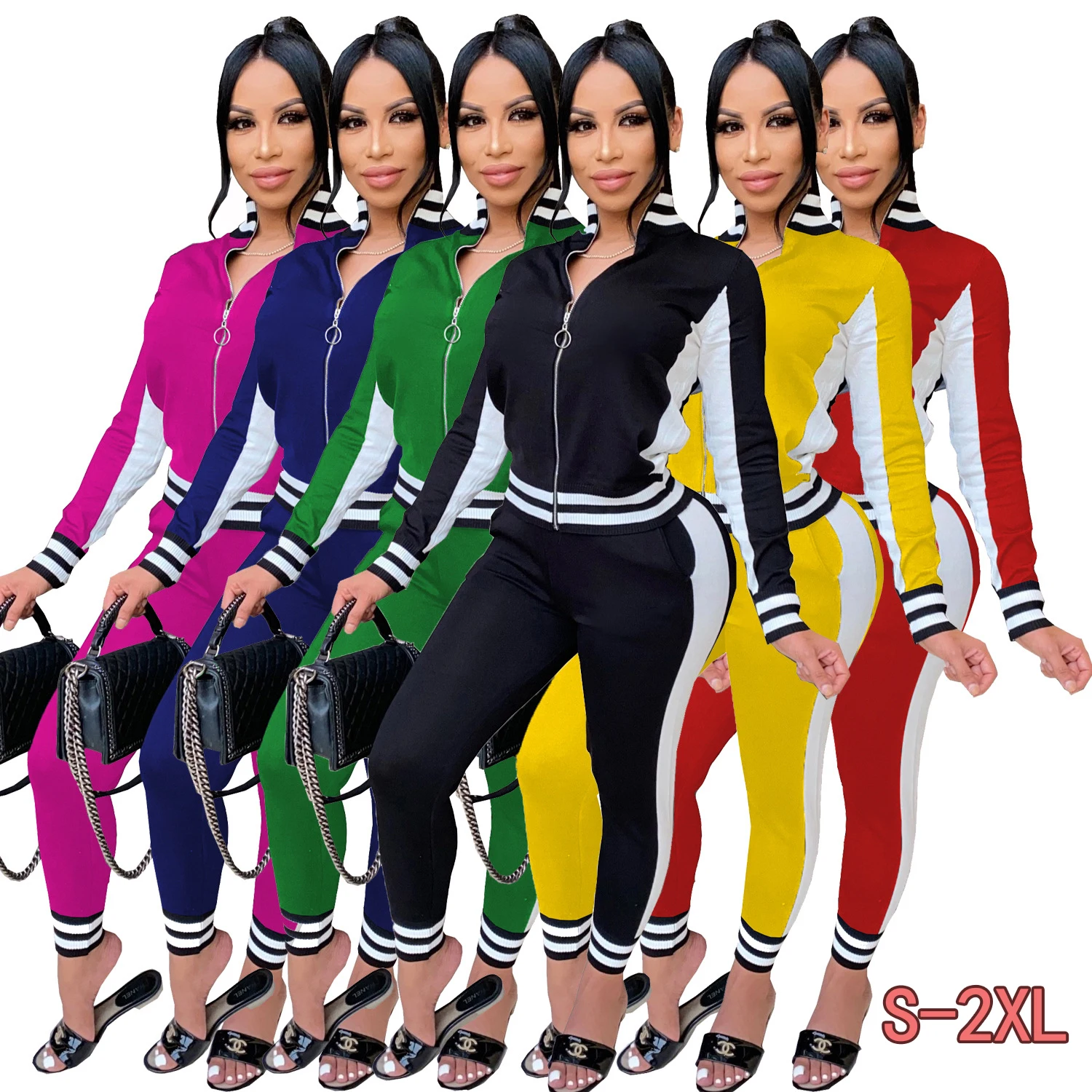 

Winter jogging suit fashion casual stitching two-piece female long-sleeved trousers black jacket suit two-piece sportswear
