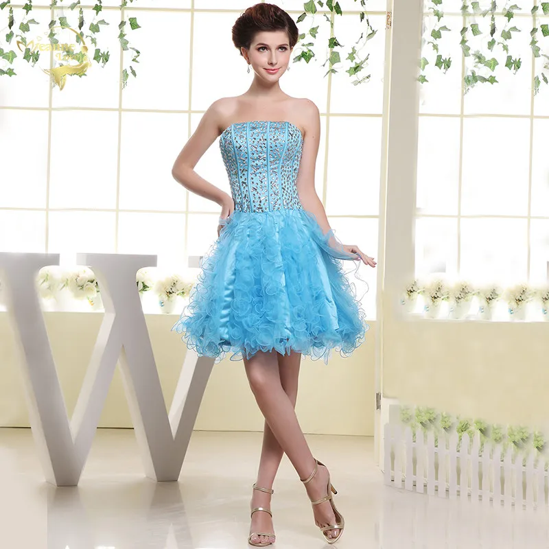 Light Blue Ruffles Tulle Cocktail Dresses Crystal Short Party Formal Prom Gowns Graduation Dresses 2019 Special Occasion Dresses