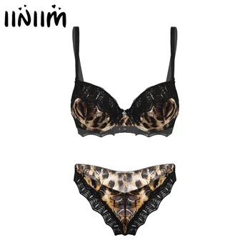 

Womens Intimates Leopard Pattern Lingerie Set Lace Trimming Under-Wired Padded Bra Hollow Out G-String Thong Briefs Underwear