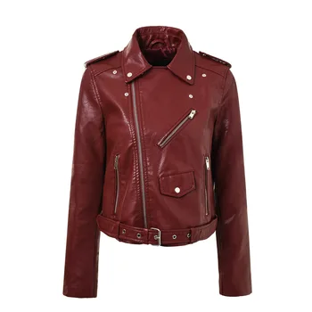 

Autumn Winter Pu Leather Jacket Women Fashion Wine Red Motorcycle Zipper Coat Short Faux Leather Biker Jacket Soft Jacket Female