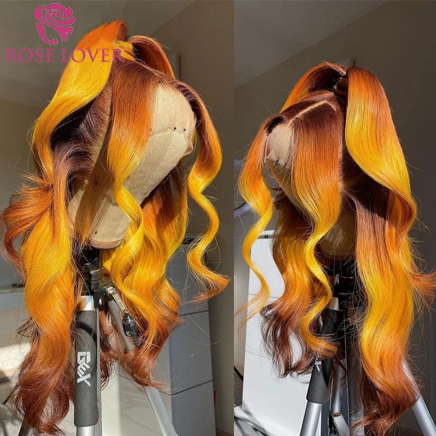 Wig Highlight Human-Hair-Wigs Lace-Front Body-Wave Orange Transparent Preplucked Black-Women