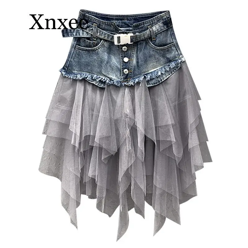 

Summer Mini Tutu Tulle Skirt Gothic Punk Women High Waist Irregular Denim Skirt Sexy Club Party Mesh Patchwork Short Jeans Skirt