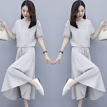 

Green 2 Piece Pants Sets Female 2020 Temperament Covers Belly Looks Suit Skirt Summer Long Skirt Cotton And Linen Matching Sets