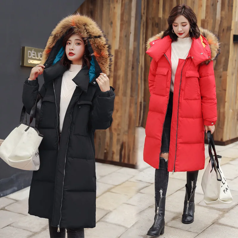 Winter Convention White Duck down Hooded Zipper Long Sleeve Long Straight-Cut Pocket with Fur Collar Long Sleeve down Jacke