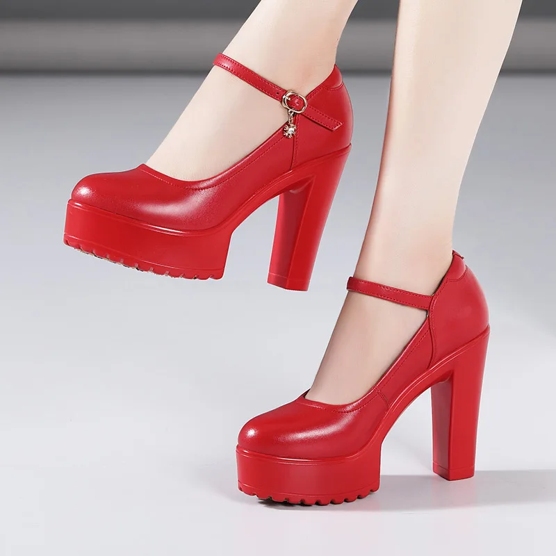 Cowhide Women's High Heel Shoes With Heels Platform Mary Jane Shoes Women Pumps Office Work Shoe Women's Wedding Shoes 32-43 3