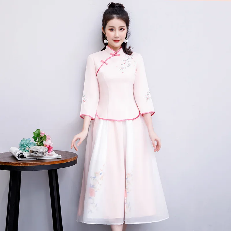 Sheng Коко китайский hanfu костюм Гучжэны женские из хлопка и льна в китайском стиле Стиль Топ и юбка традиционное китайское платье костюмы Костюмы