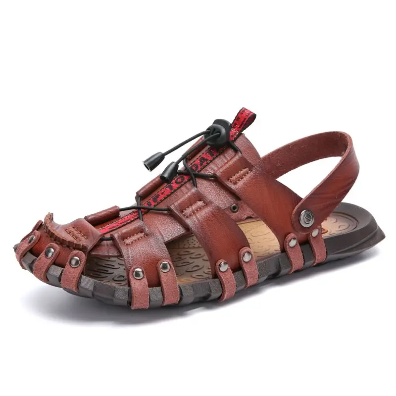 Уличная обувь на плоской подошве; повседневные мужские мягкие сандалии без застежки; удобные летние кожаные пляжные туфли в римском стиле; большие размеры 38-47 - Цвет: Red Brown