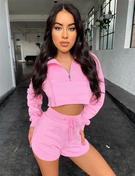 

Women 2 Pieces Set Zip Up Sports Suit Lace-up Wrapped Chest Long Sleeve Zipper Sweatshirt Cropped Elastic High-Waist Shorts 2020