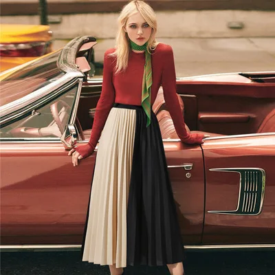 Новинка г. Осенние Лоскутные макси юбки женские Высокая талия шифон плиссированные юбки длинные пачки saias зимние модные юбки женские