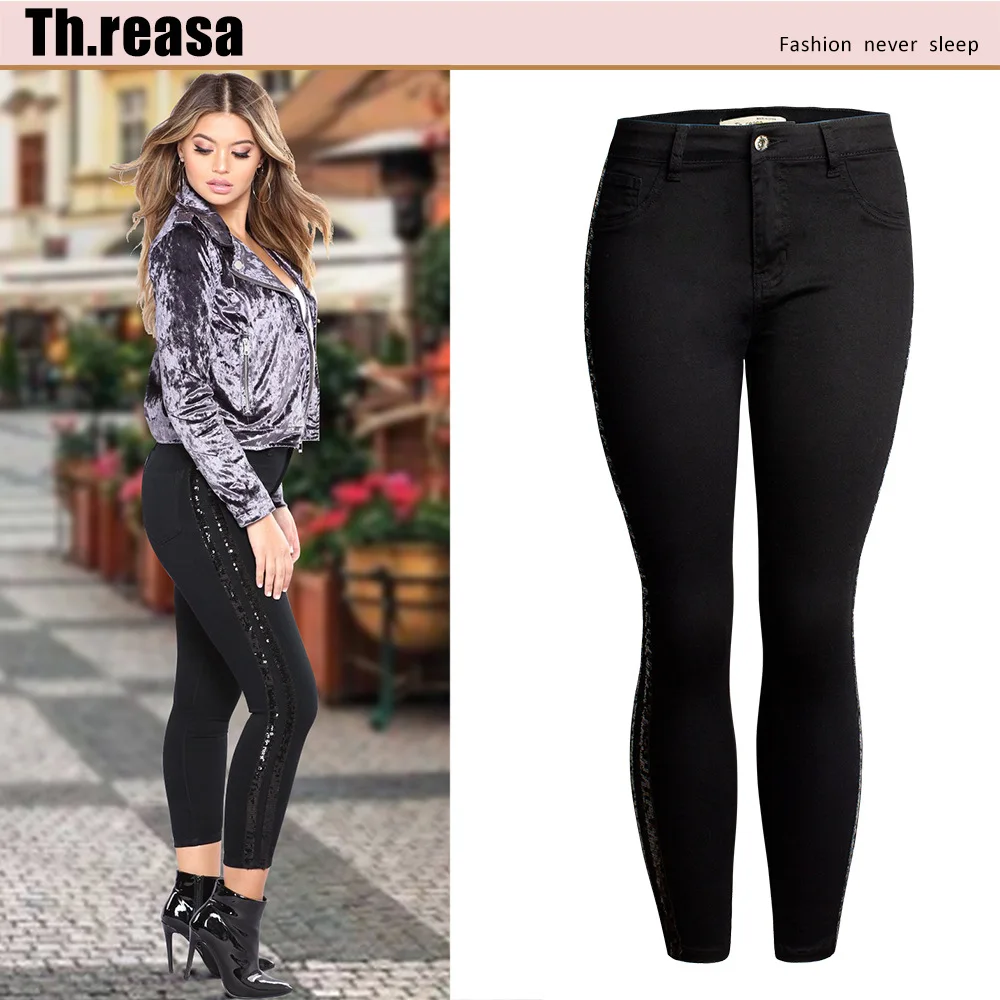 

Горячая Распродажа, женские брюки, девять точек, брюки с боковыми блестками, тонкие эластичные джинсовые брюки-карандаш с бисером