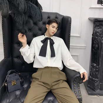

Men Women Couple Loose Casual Long Sleeve Shirts Stage Clothes Male Harajuku Streetwear Tie Bow Dress Shirts