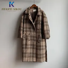 Высококачественное шерстяное пальто в клетку, Женское зимнее пальто, двубортный пояс, плотное теплое пальто, женское винтажное длинное шерстяное пальто