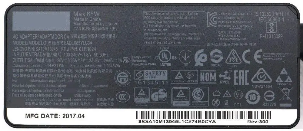Huiyuan подходит для 65 Вт для lenovo USB type c 20 в 3.25A 65 Вт ADLX65YLC3A SA10M13945 01FR024 адаптер переменного тока для ноутбука lenovo type-C