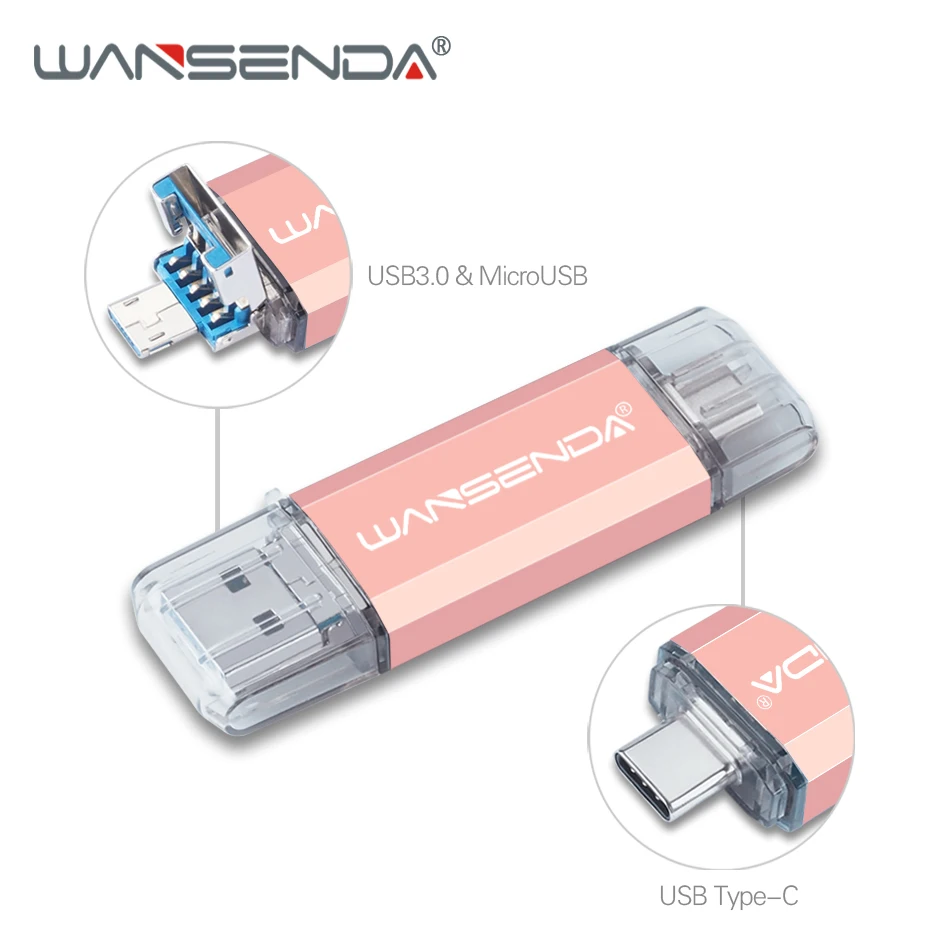 WANSENDA USB флеш-накопитель 3 в 1 USB 3,0& type-C Micro OTG флеш-накопитель 16 ГБ 32 ГБ 64 Гб 128 ГБ 256 ГБ Флешка флеш-карта памяти - Цвет: Rose Gold