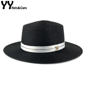 

YY Classic Straw Sunhats Men Summer Beach Cap Women Wide Brim Tea Party Hats Solid Sun Visor Panama Jazz SH20021
