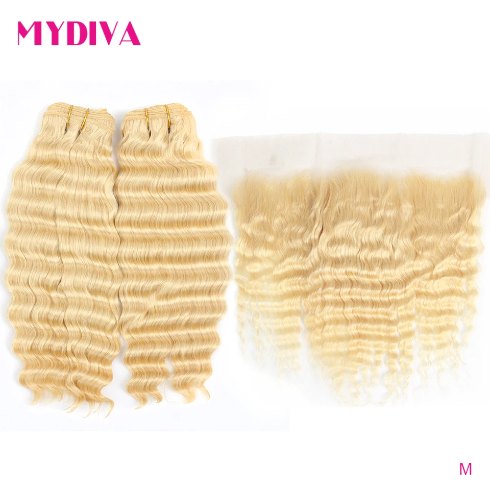 

Blonde 613 Deep Wave Bundles With Frontal Brazilian Remy Human Hair Weave Extensions Bundle Deals Transparent Lace Medium Tatio