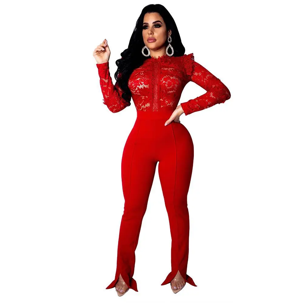 Красный женский комбинезон с длинным рукавом, кружевной элегантный Облегающий комбинезон, Женский Длинный комбинезон SY5082