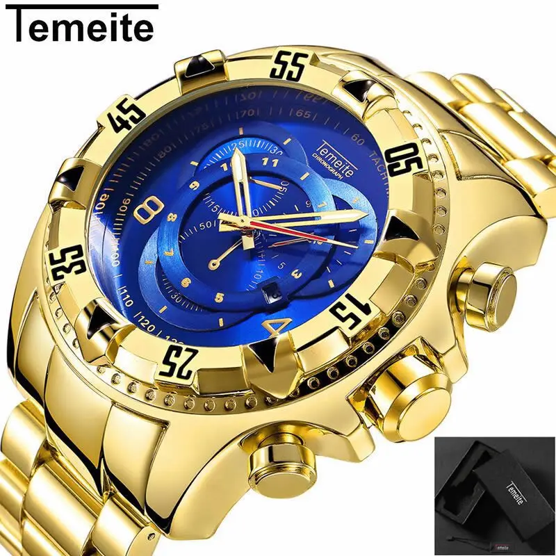 Preise Mens Große zifferblatt uhren luxus gold 316L edelstahl quarz männer armbanduhren wasserdicht kreative temeite marke mann uhr