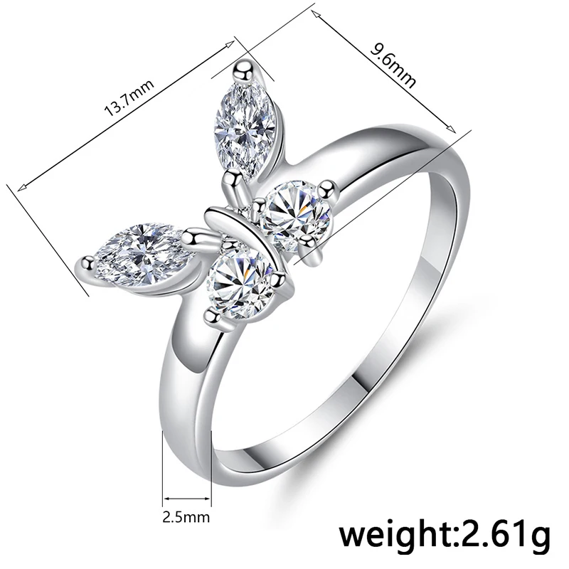 Beiver бабочка Сияющий Кристалл Циркон кольцо для женщин принцесса роскошные кольца ювелирные изделия Модные праздничные подарки на день рождения Размер 6-9