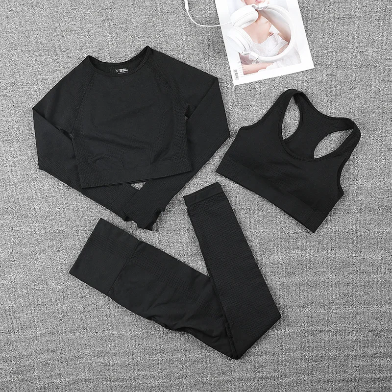 Бесшовный костюм для йоги одежда для занятий спортом для спортивного зала для женщин дышащие Леггинсы Спортивная одежда Женский комплект для йоги спортивный топ для фитнеса - Цвет: black 3 Pcs