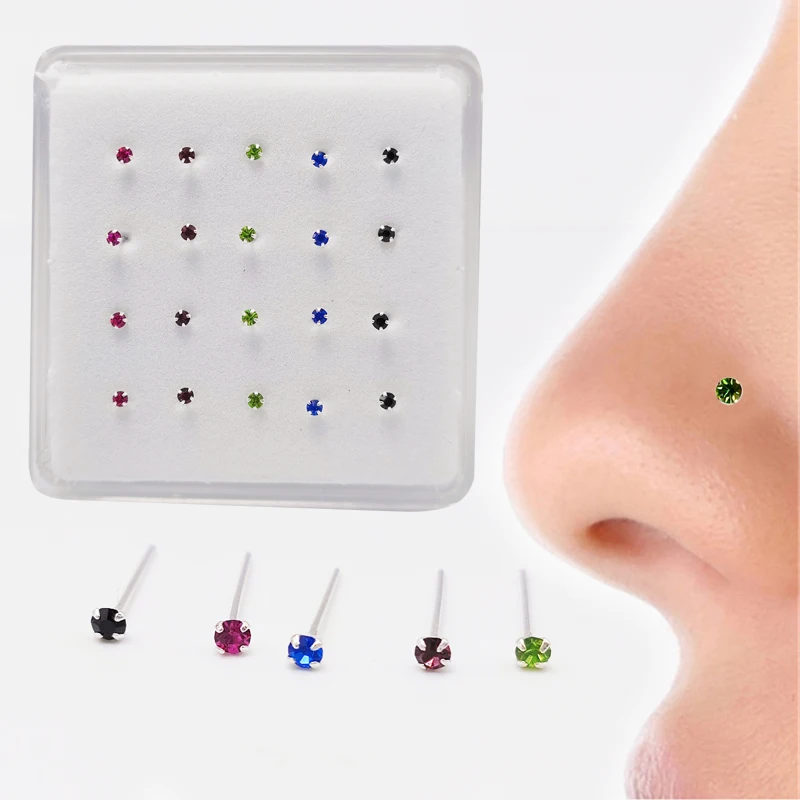 Nose Piercings 20pcs/pack 925 sterling silver Nose piercing 2 mm multicolor Nose Studs Straight Pin nostril jewelry