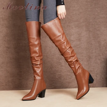 

Meotina Over The Knee Boots Women Shoes Real Leather Block High Heel Thigh High Boots Pointed Toe Pleated Lady Long Shoes Winter