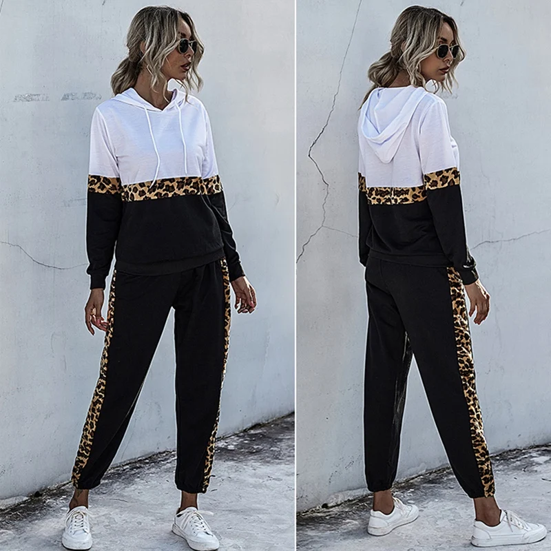 Woman Leopard Patchwork Hoodies 2 Piece Set Pocket Long Sleeve Sweatshirt Top and Pants Suit Casual Tracksuit |