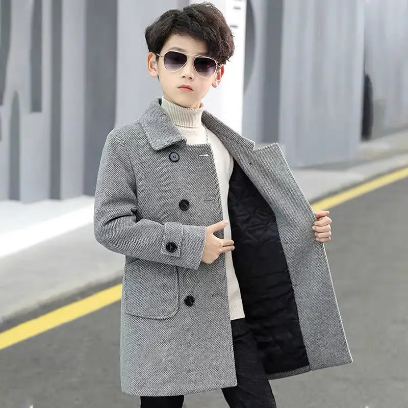 Korean Boys Wool Winter Coat England Style Kids Thick Outerwear Fashion Kids Woolen Long Jackets Children Warm Coats