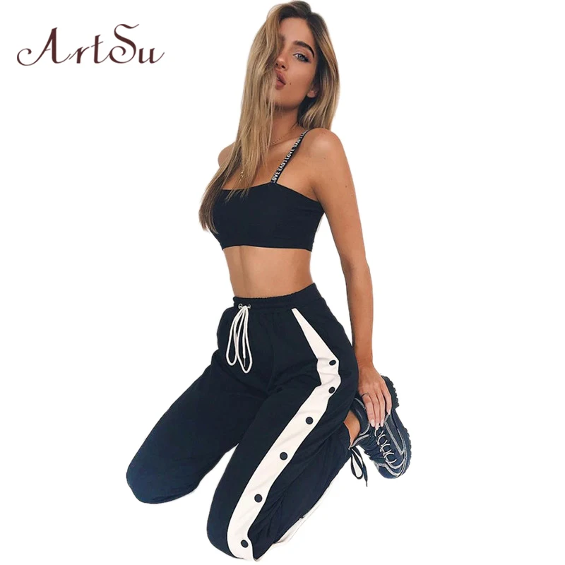 ArtSu уличная Drawstring черные длинные прямые брюки с высокой талией спортивные брюки женские модные тонкие брюки ASPA20120