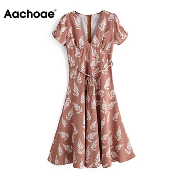 

Women V Neck Floral Print Dress Short Sleeve Elegant Pleated Dress With Belt Back Zipper Holiday Beach Dress Female Vestidos