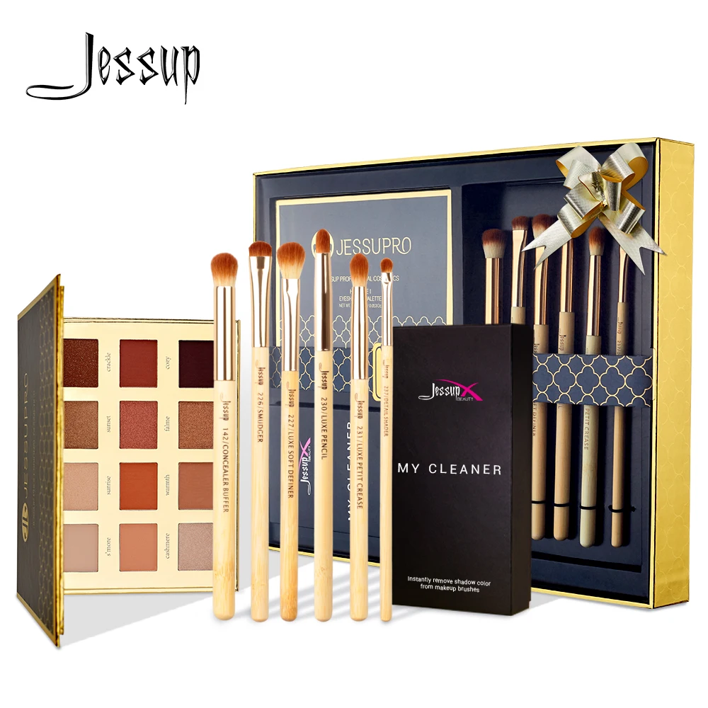 Jessup, бамбук, 6 шт., набор кистей для теней, Кисть для макияжа, Чистящая губка и 12 цветов, палитра теней и подарочная упаковка