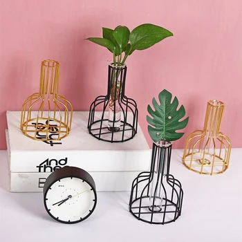

Nordic Style Creative Vase Home Decor Art Retro Glass Vase Metal Plant Holder Iron Decoration Flower Ornament For Home Garden