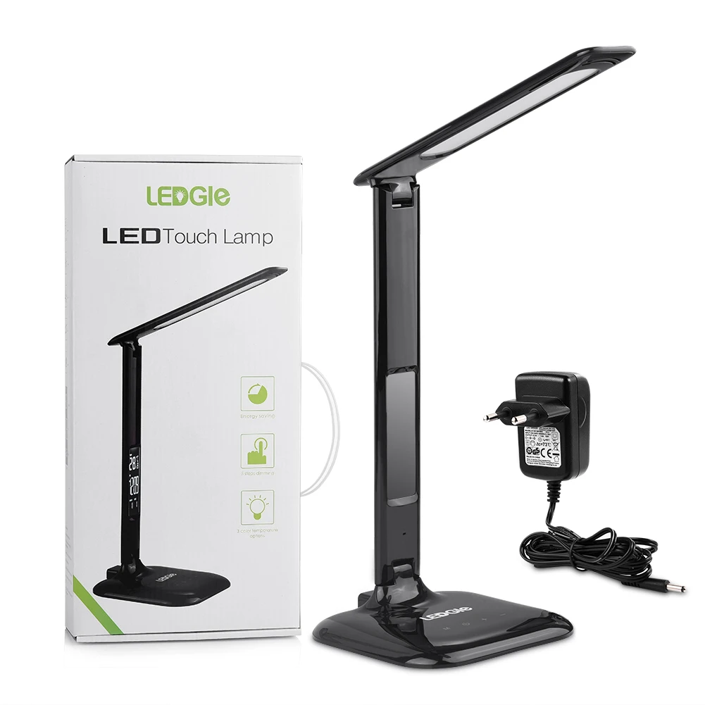 LEDGLE Настольная лампа с регулируемой яркостью USB, складная, 8 Вт, светодиодный светильник с сенсорным экраном, календарь, время и термометр для дома, офиса, светильник - Цвет корпуса: EU Plug