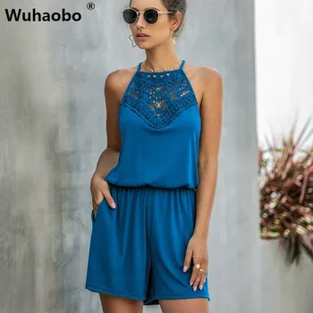 

Wuhaobo Sexy Halter Hollowing Out Short Jumpsuits 2020 Women Beach Casual Romper Summer Fashion Street Female Playsuits Overalls