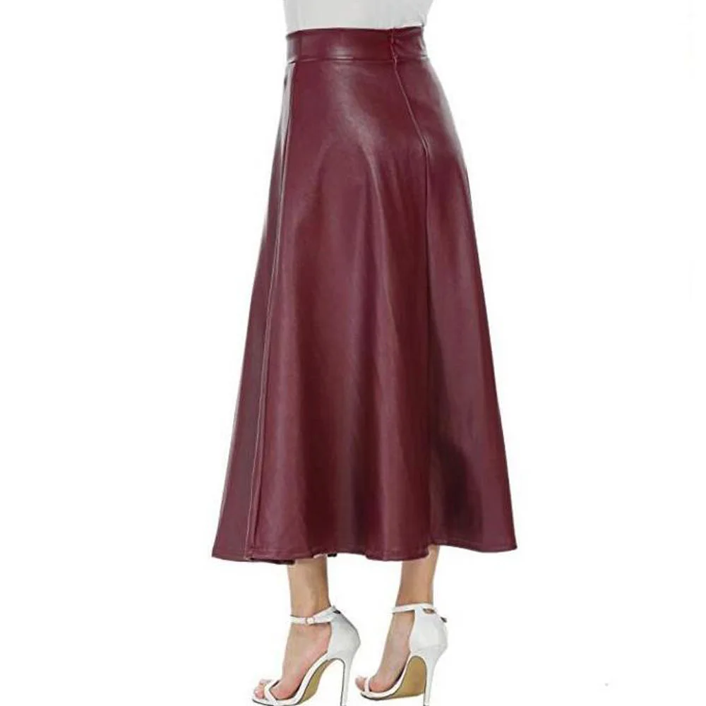 Женская Макси Длинная женская юбка из искусственной кожи Longa Femininas, черные, красные, женские плиссированные юбки длиной до лодыжки с высокой талией