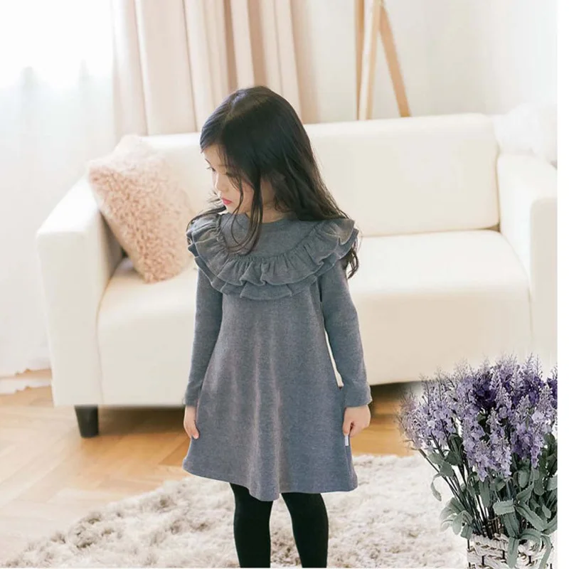 Осеннее платье принцессы повседневные серые платья с оборками и длинным рукавом