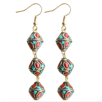 

Original Exqiusite Antique Brass Nepal Beads with Stone Tibetan Drop Earrings Handmade Lampwork Ethnic Nepalese Earrings Jewelry