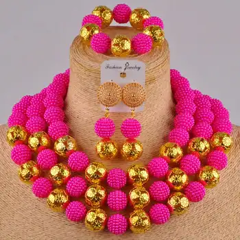 

fuchsia pink simulated pearl costume african beads jewelry set nigerian necklace for women FZZ23