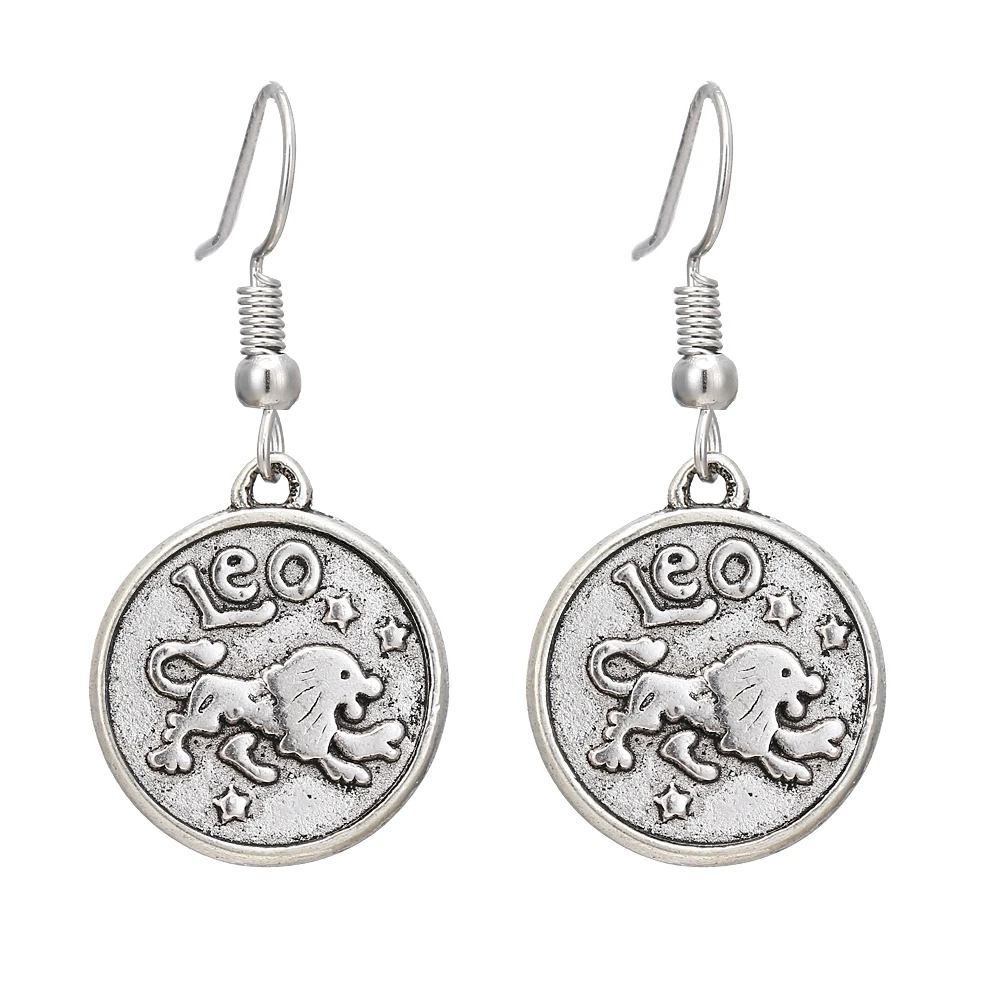 

Leo 1pair Vintage SIlver 12 Constellation Earring Gemini Cancer Dangle Charms Earrings For Women Fashion Jewelry