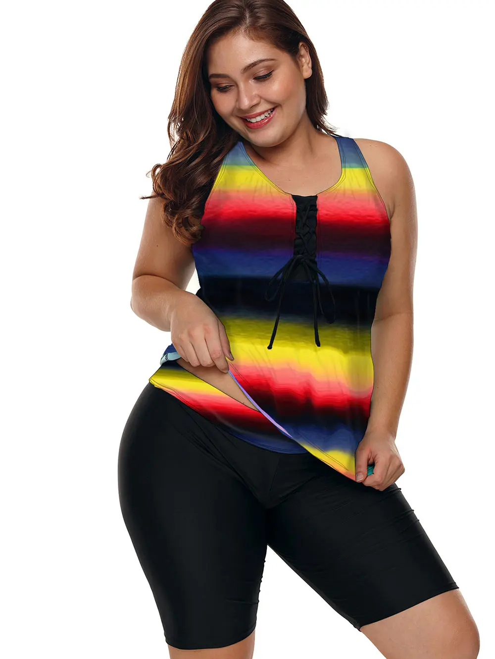

Plus Size 3XL Bathing Suit Women Two Pieces Rainbow Ombre Print Tankini Set Swimsuit Woman Elastic Large Size Lace-Up Swimwear
