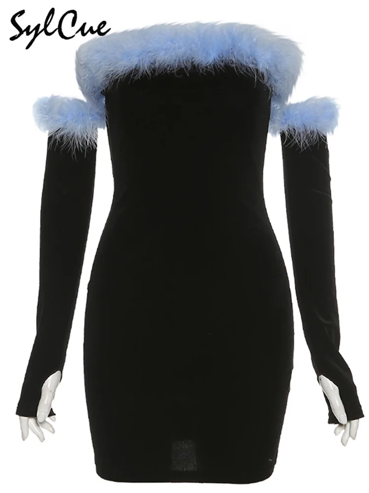 Sylcue 2021 Winter New Products All-Match Thin Tight Plush Classic Black Long Gloves Tube Top Women's Dress With Hips mother of the groom dresses