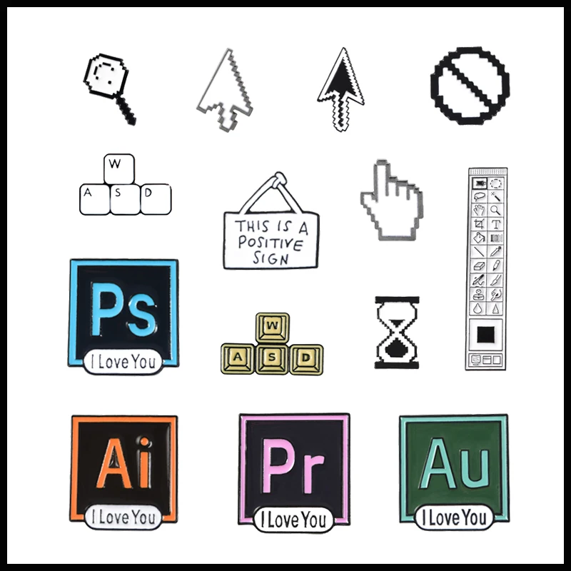 Креативная компьютерная клавиатура эмалированная брошь васд мышь стрелка PS AI PR AU инструмент песочные часы значок из сплава булавка ювелирный подарок для друзей