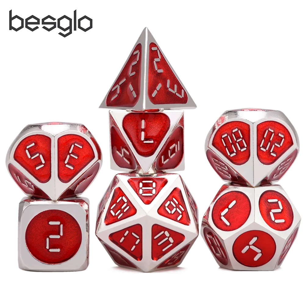 

DND Polyhedral Metal Game Dice Red with Silver Number 7pcs/set for Dungeons and Dragons RPG MTG Table Games D4 D6 D8 D10 D12 D20